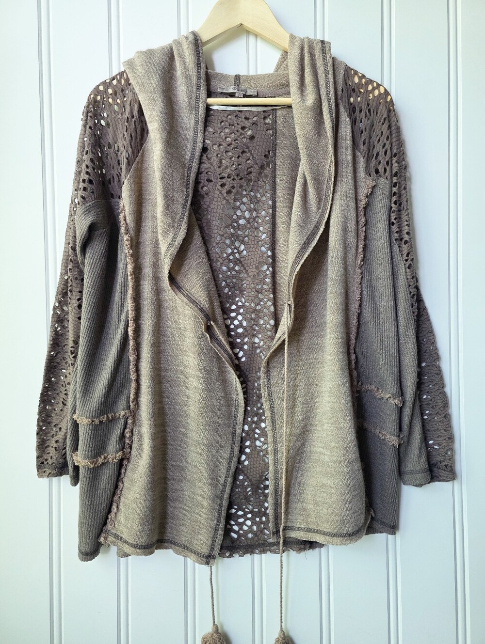 Miss Me Hooded Cardigan  Brown Front Tie Lace Arms Womens Small